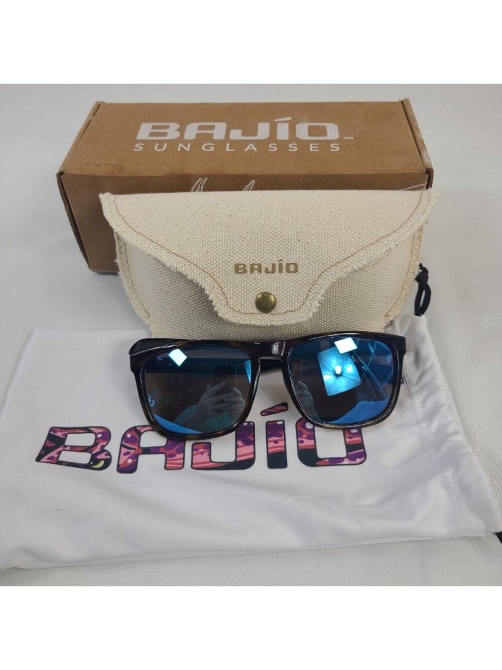 NEW Bajío Calda Polarized Sunglasses Brown Tortoise Blue Mirror Lense Case & Box
